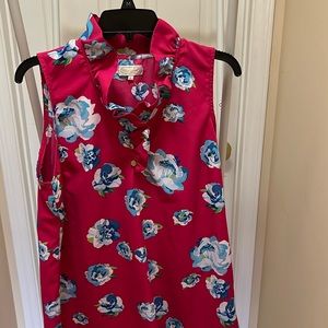 Mud Pie floral Sleeveless Neck Ruffle Top Pink & Blue with gold buttons size lg